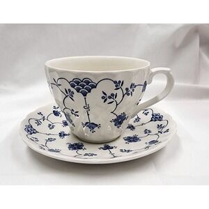 VINTAGE Churchill Blue Finlandia pattern Tea Cup and Saucer Blue White Porcelain
